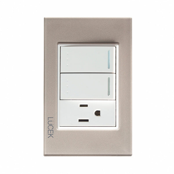 BP13-CDM PLACA  CON 2 INTERRUPTORES ESCALERA Y 1 CONTACTO DE 1 MÓDULO CRISTAL DORADO MARFIL.